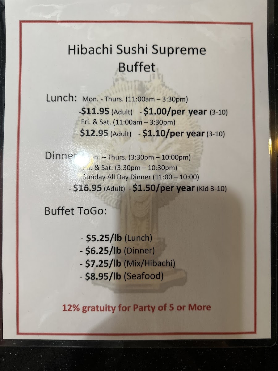 Hibachi Sushi Supreme Buffet Menu - Image 1